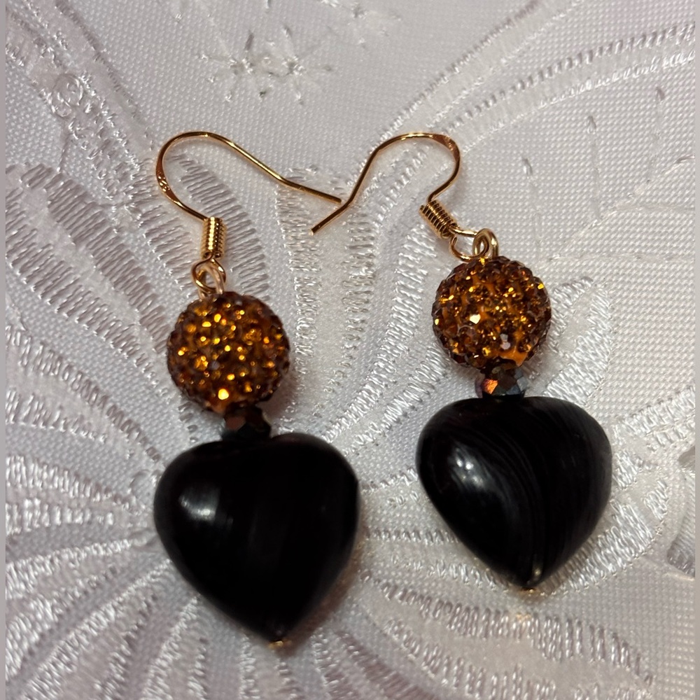 Handmade Black Onyx Heart Earrings with Topaz Crystal Pave Beads 2 inches